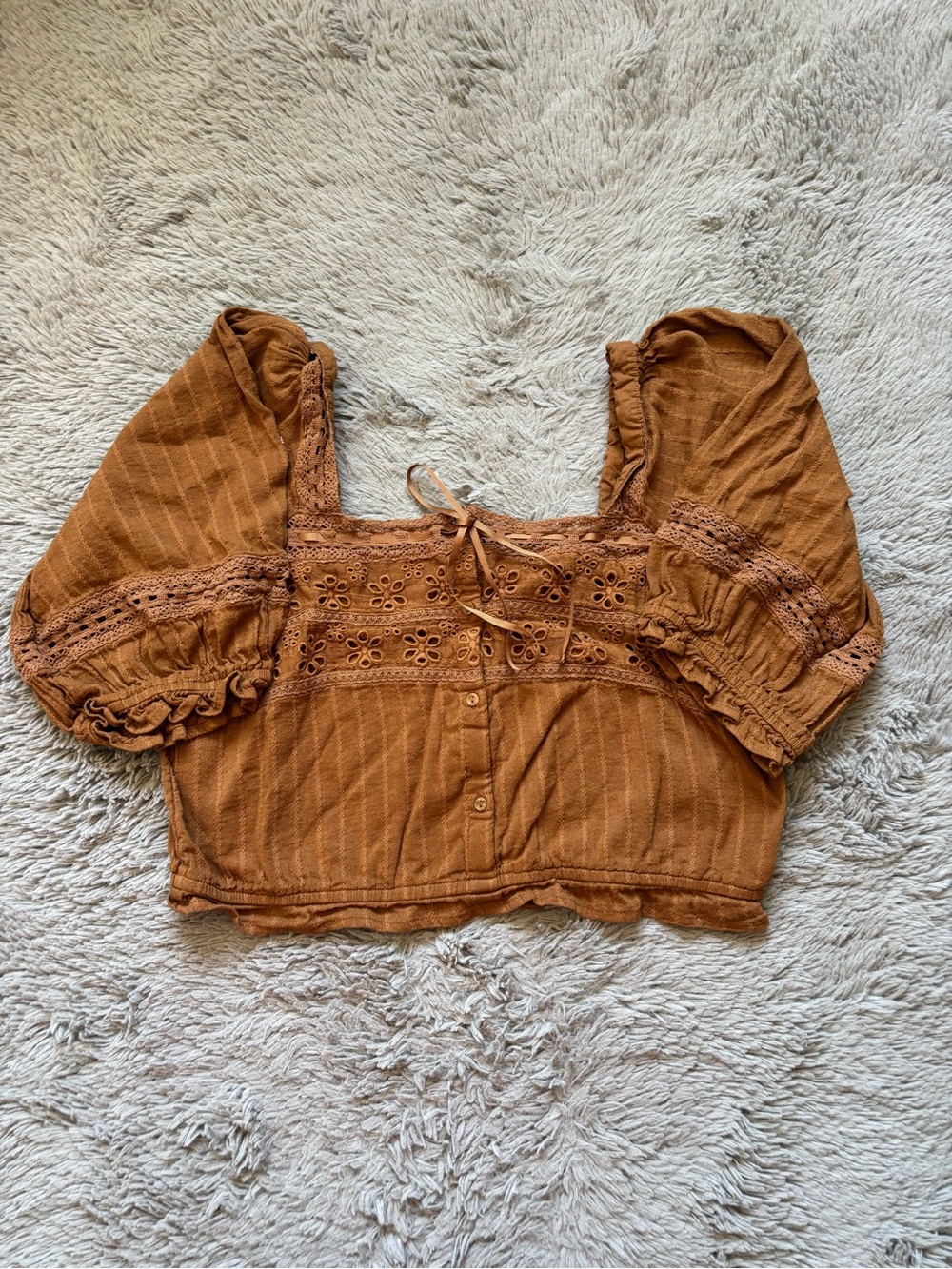 American Eagle Rust Brown Eyelet Puff Sleeve Crop Top Peasant Boho size XL